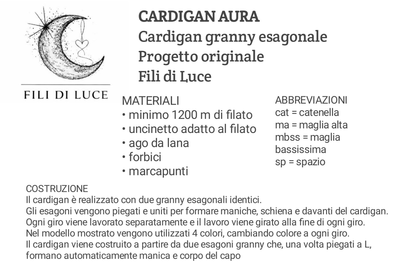 Schema uncinetto Cardigan Aura (PDF)– Progetto Fili di Luce